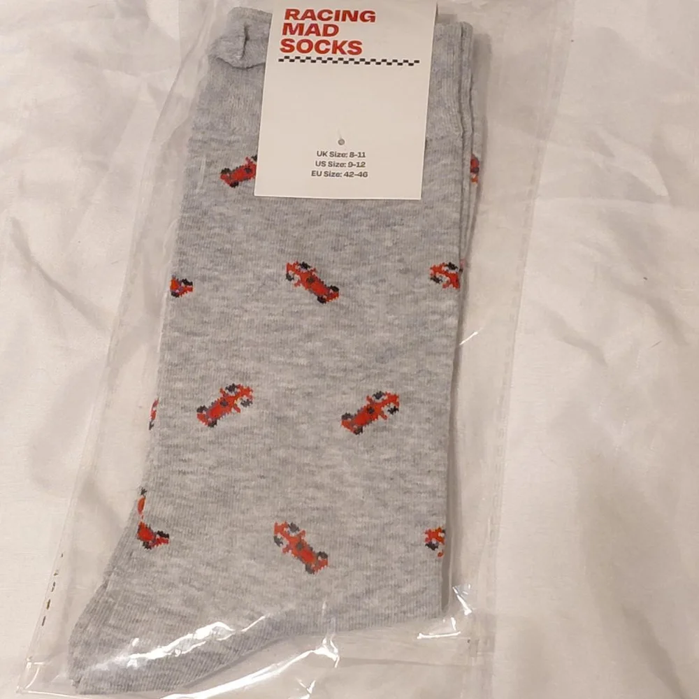 Racing Car Socks - Funny F1 Socks - F1 Gift for Men - 1 Pair Size 9-12 Grey